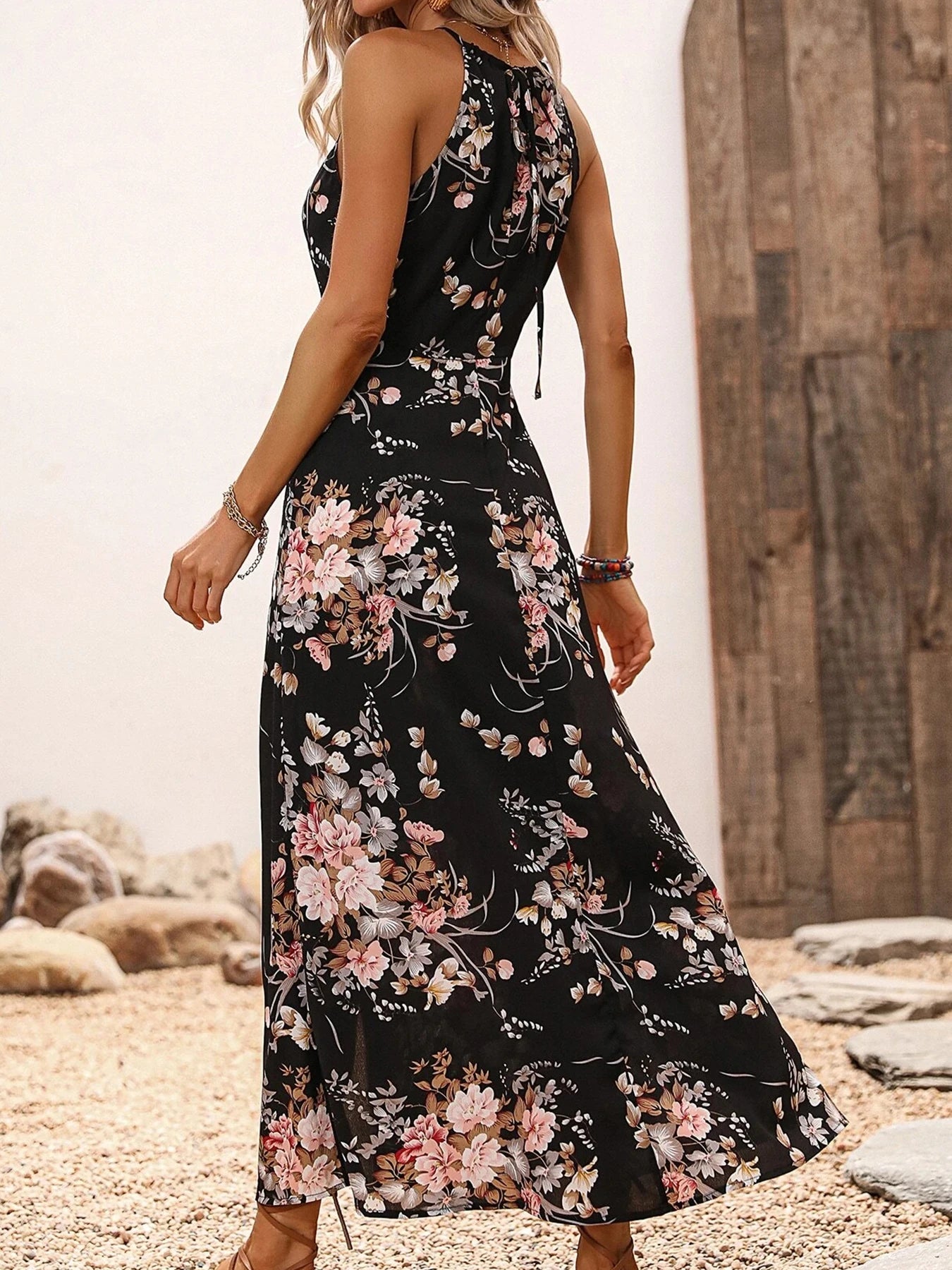 Vestido Halter Floral com Fenda Alta - Sleeveless Sexy Bodycon Praia Festa Verão