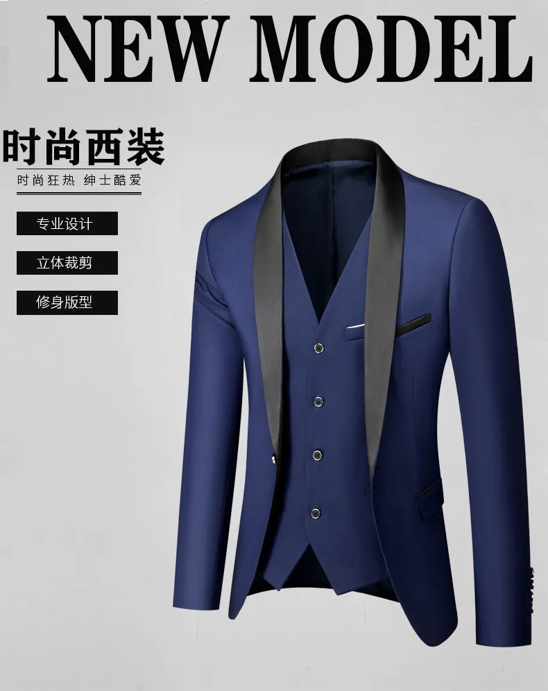 US Size Men Lapel Black Collar 3 Pcs Suit Set Coat Vest Trousers / Business Groom Wedding Dress Fprmal Blazer Pants Waistcoat