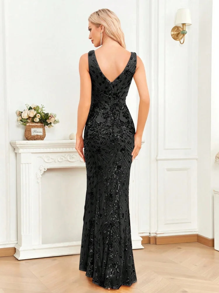 Elegant Slit Evening Dress 2024 Women Long Mermaid Formal Sequrins Sexy V-neck Caicktail Wedding Party Prom Dresses