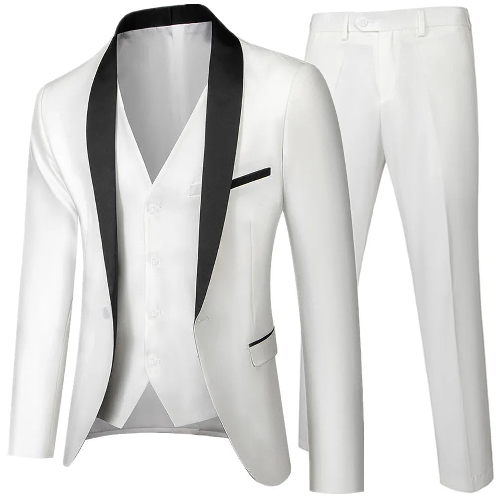 US Size Men Lapel Black Collar 3 Pcs Suit Set Coat Vest Trousers / Business Groom Wedding Dress Fprmal Blazer Pants Waistcoat