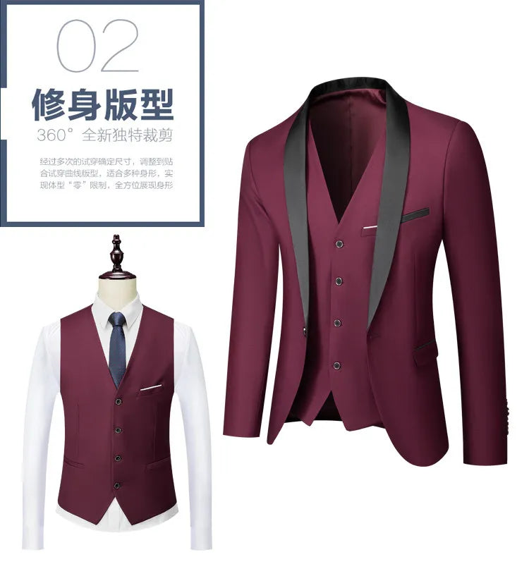 US Size Men Lapel Black Collar 3 Pcs Suit Set Coat Vest Trousers / Business Groom Wedding Dress Fprmal Blazer Pants Waistcoat