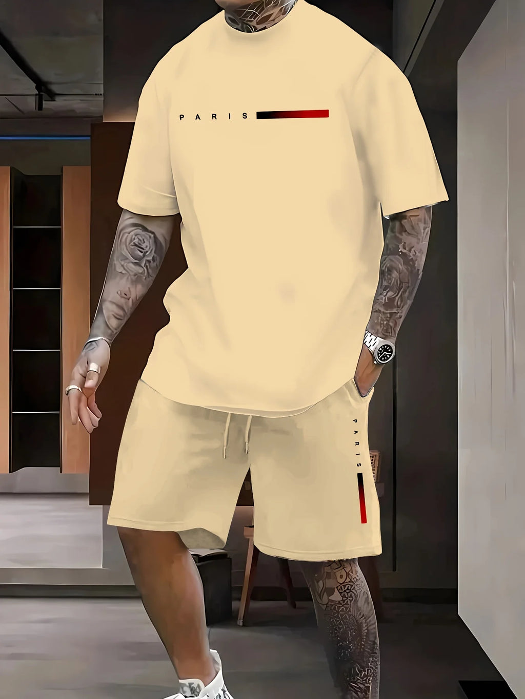 Summer Gradient Color Athletic T-Shirt and Shorts Set Stylish Men's Quick-Dry Athletic Short-Sleeve Top with Drawstring Shorts