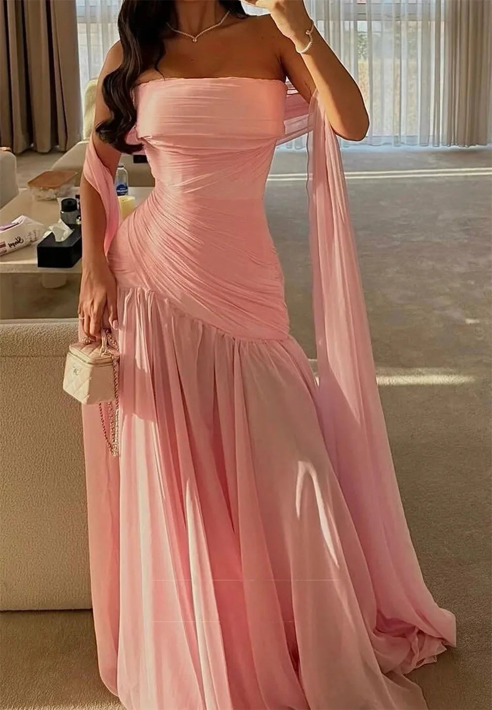 Contessa Custom Light Blue Draped Evening Dress Ruched Chiffon Prom Dresses A-Line Vestidos De Noche Train Formal Evening 2026