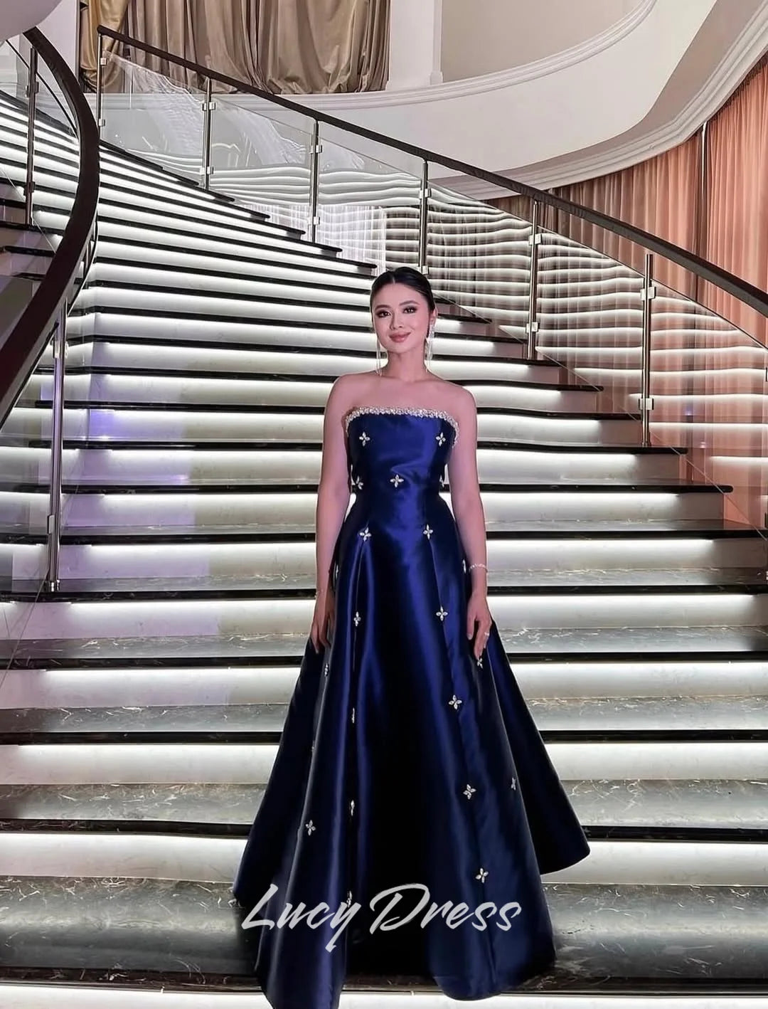 Lucy Satin Strapless Navy Ball Gown Evening Dress 2026 Prom Dress Formal Elegant Beading Customized Robes de Soirée Women High