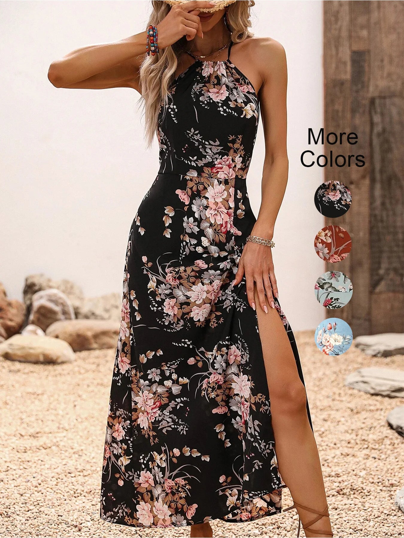 Vestido Halter Floral com Fenda Alta - Sleeveless Sexy Bodycon Praia Festa Verão