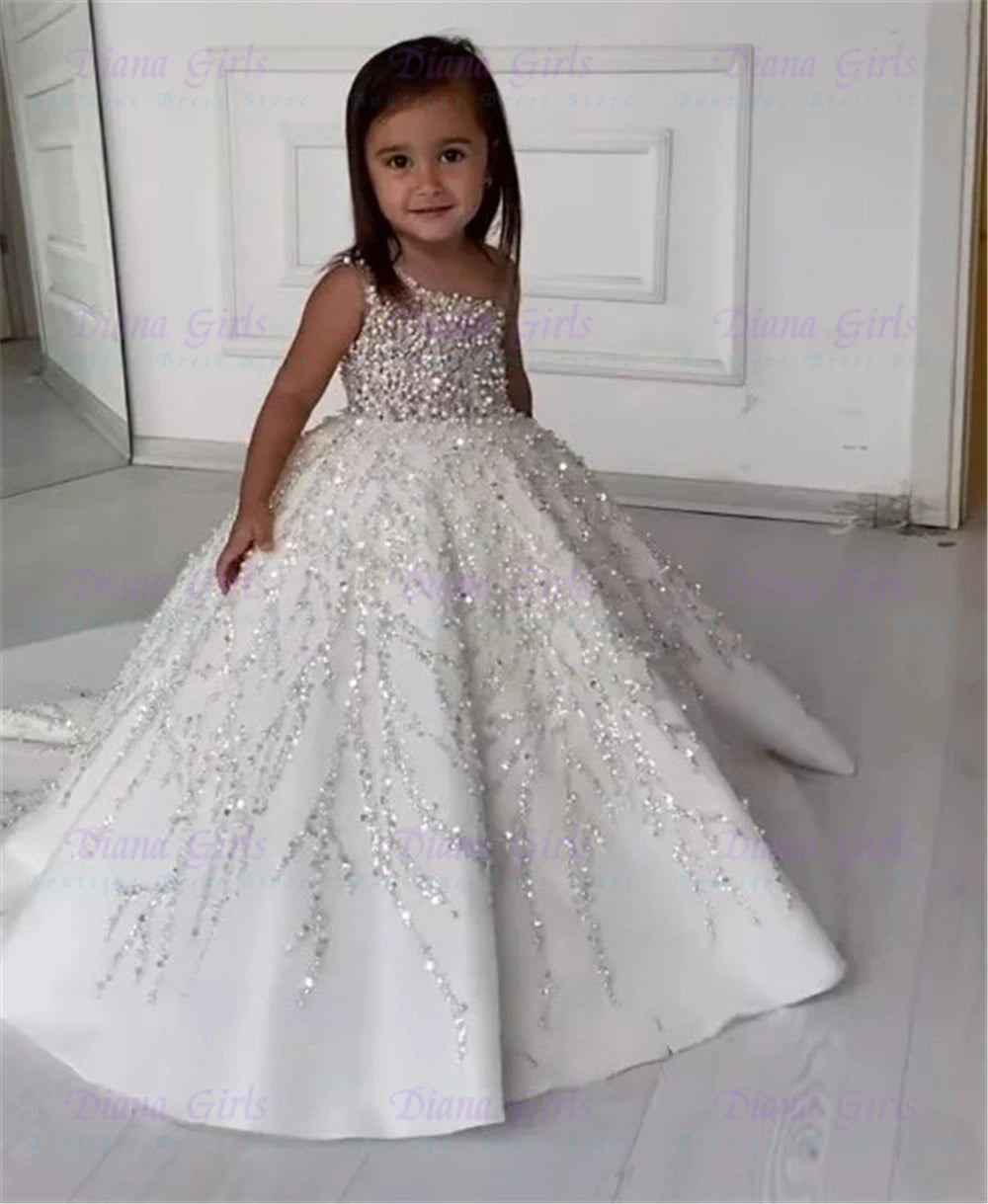 Quality Gorgeous Pearl Sequins Satin FLuffy Flower Girl Dress Exquisite Applique For Wedding Birthday Party Evening Ball Gowns