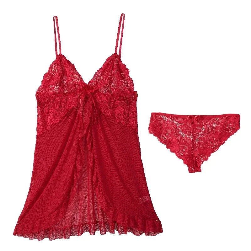 Women's Lace Nightgown Set Sheer Sexy Sleepwear V-Neck Front-Split Pajamas Loungewear with Panty 2-Piece for Women