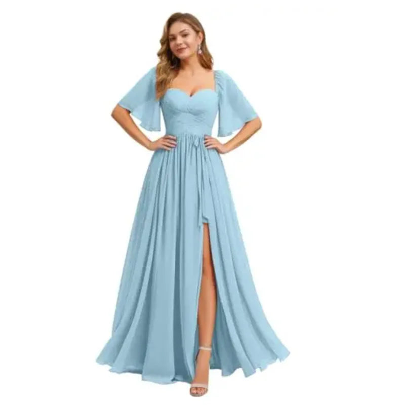 A Line Short Sleeve Chiffon Bridesmaid Dresses One Shouder Slit Pleat Elegant Wedding Party Formal Prom Evening Lace Up Back