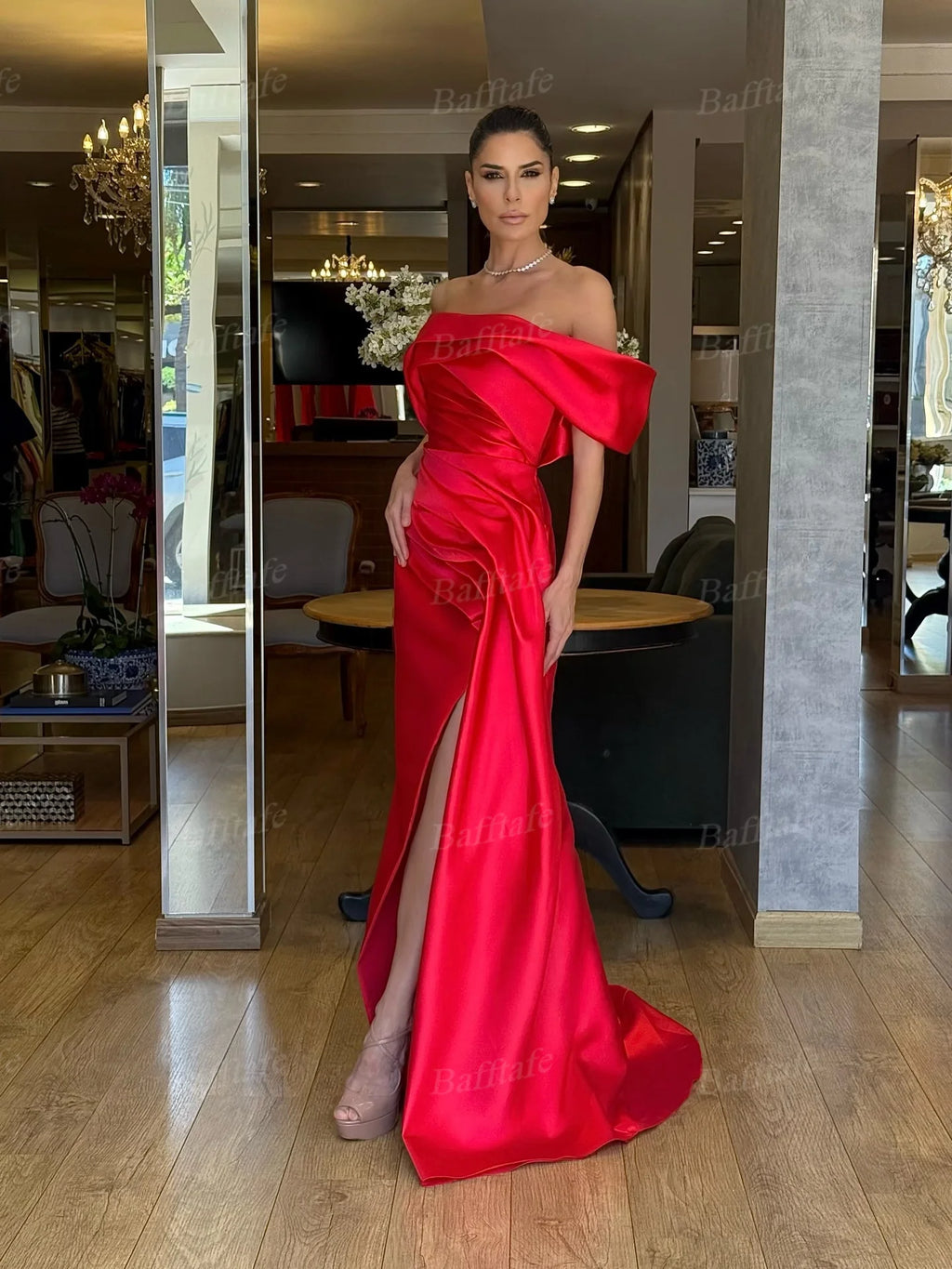 Bafftafe Mermaid Red Satin Evening Gowns Customized One Shoulder Pleated Slit Side Women Prom Dresses Formal Party Special Gowns