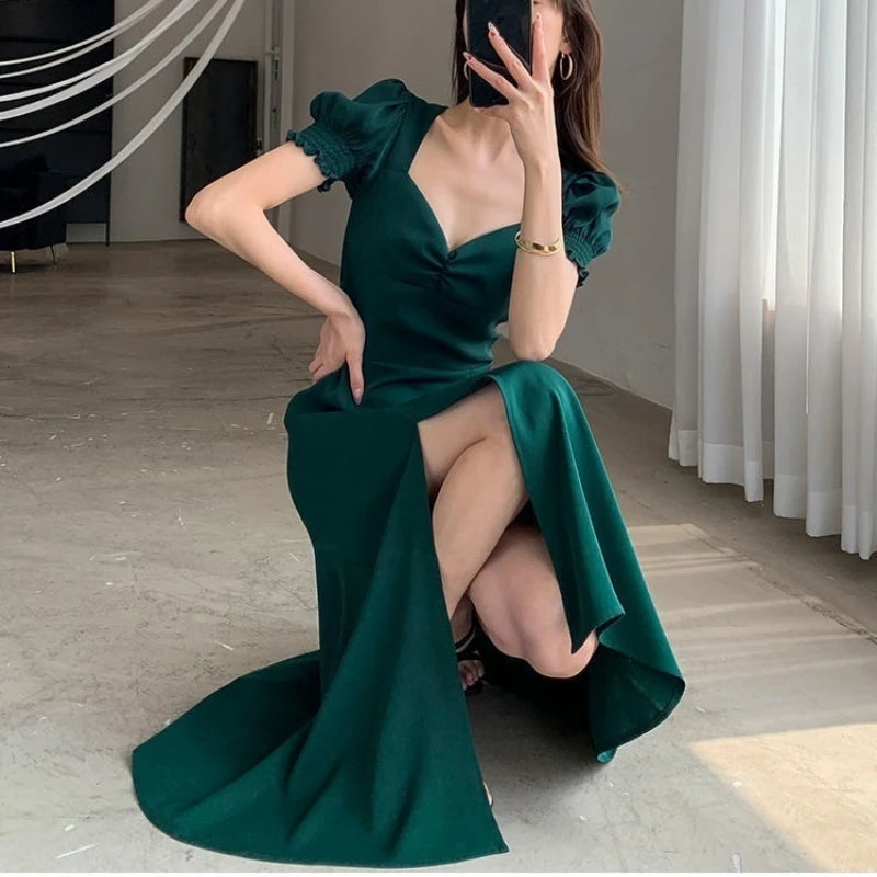 Women Summer V-neck Puff Short-sleeved Dress Elegant Female Side Slit Long A-Line Dresses Solid Sexy Slim Evening Party Vestidos