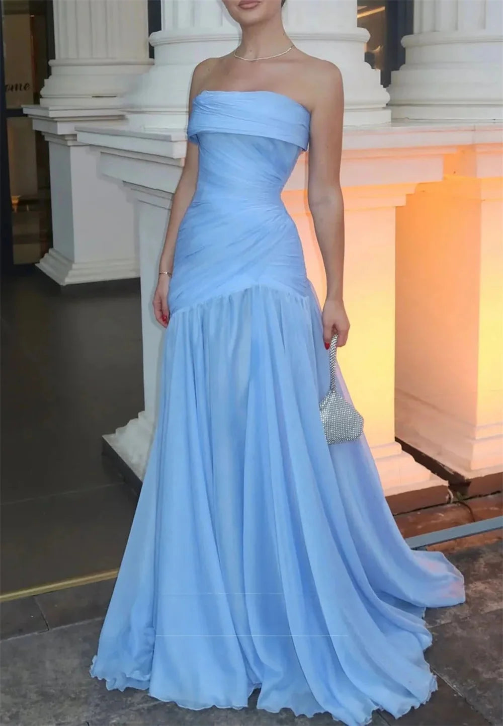 Contessa Custom Light Blue Draped Evening Dress Ruched Chiffon Prom Dresses A-Line Vestidos De Noche Train Formal Evening 2026