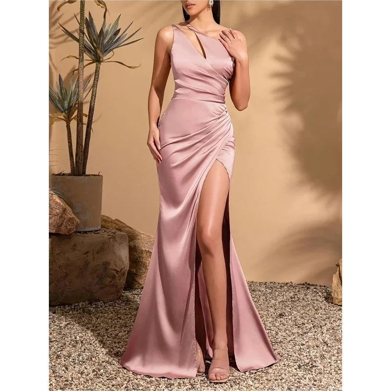 Women's Asymmetric One-Shoulder Satin Maxi Dress Lustrous Glossy Fabric Cutout Formal Dress for Weddings And Special Occasions