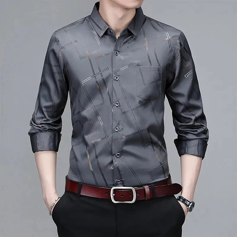 Camisa Masculina Manga Longa Estampada - Sem Amassado Business Casual