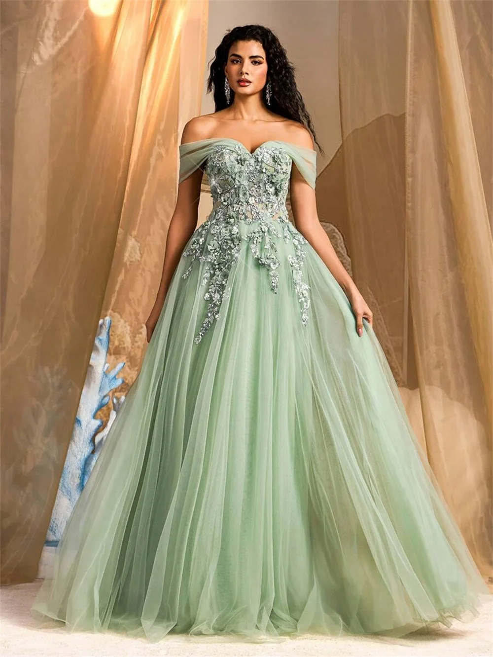 Customized Sage Green Off Shoulder Prom Dress Floral Appliques Tulle Formal Evening Gown for Women Wedding Party Quinceanera