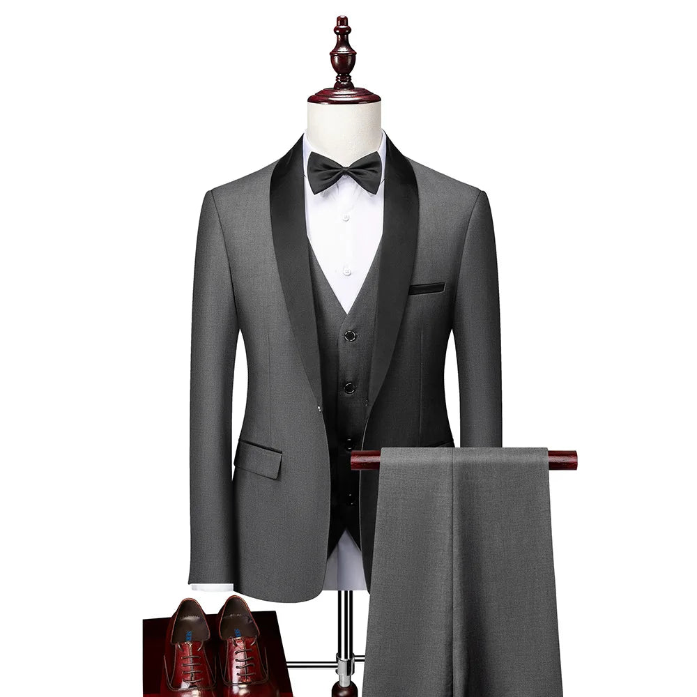 US Size Men Lapel Black Collar 3 Pcs Suit Set Coat Vest Trousers / Business Groom Wedding Dress Fprmal Blazer Pants Waistcoat