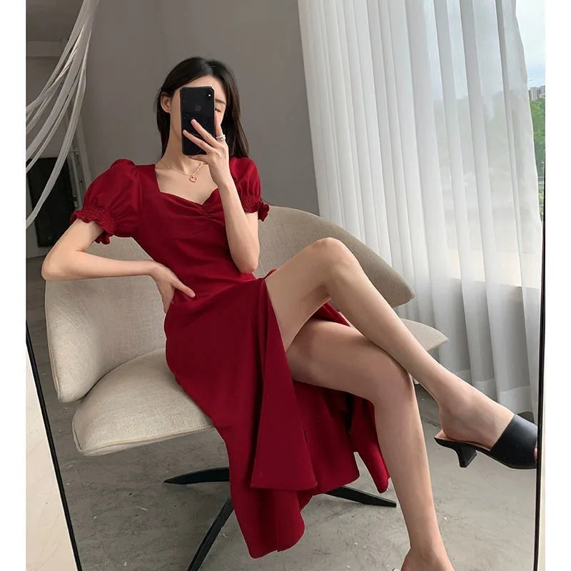 Women Summer V-neck Puff Short-sleeved Dress Elegant Female Side Slit Long A-Line Dresses Solid Sexy Slim Evening Party Vestidos