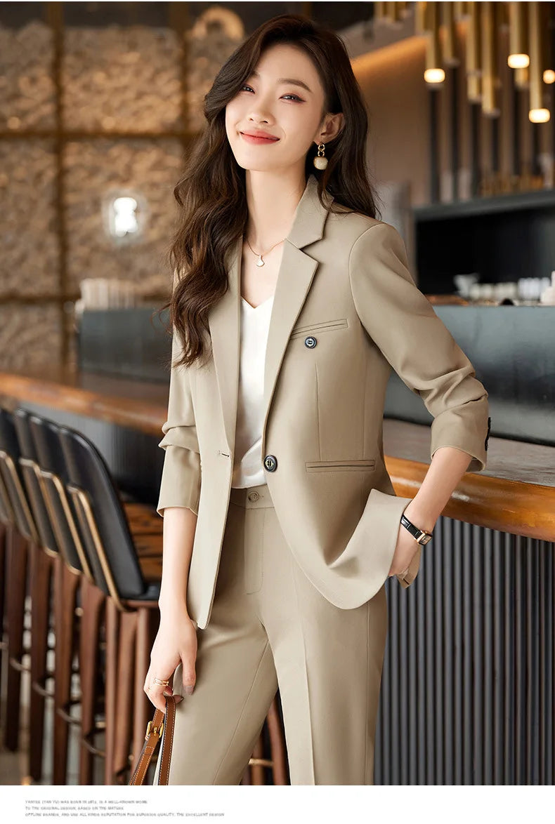 Blue/Coffe/khaki casual business women' suit spring and autumn high-end workplace temperament double-breasted suit trousers suit