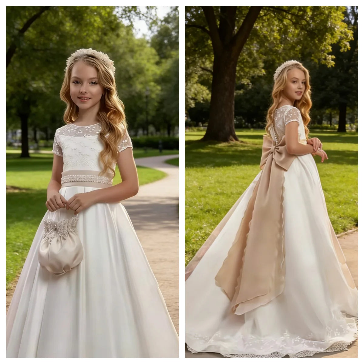 Custom satin flower girl dress Elegant wedding bridesmaid half-sleeve lace bow First Communion prom party children's dress