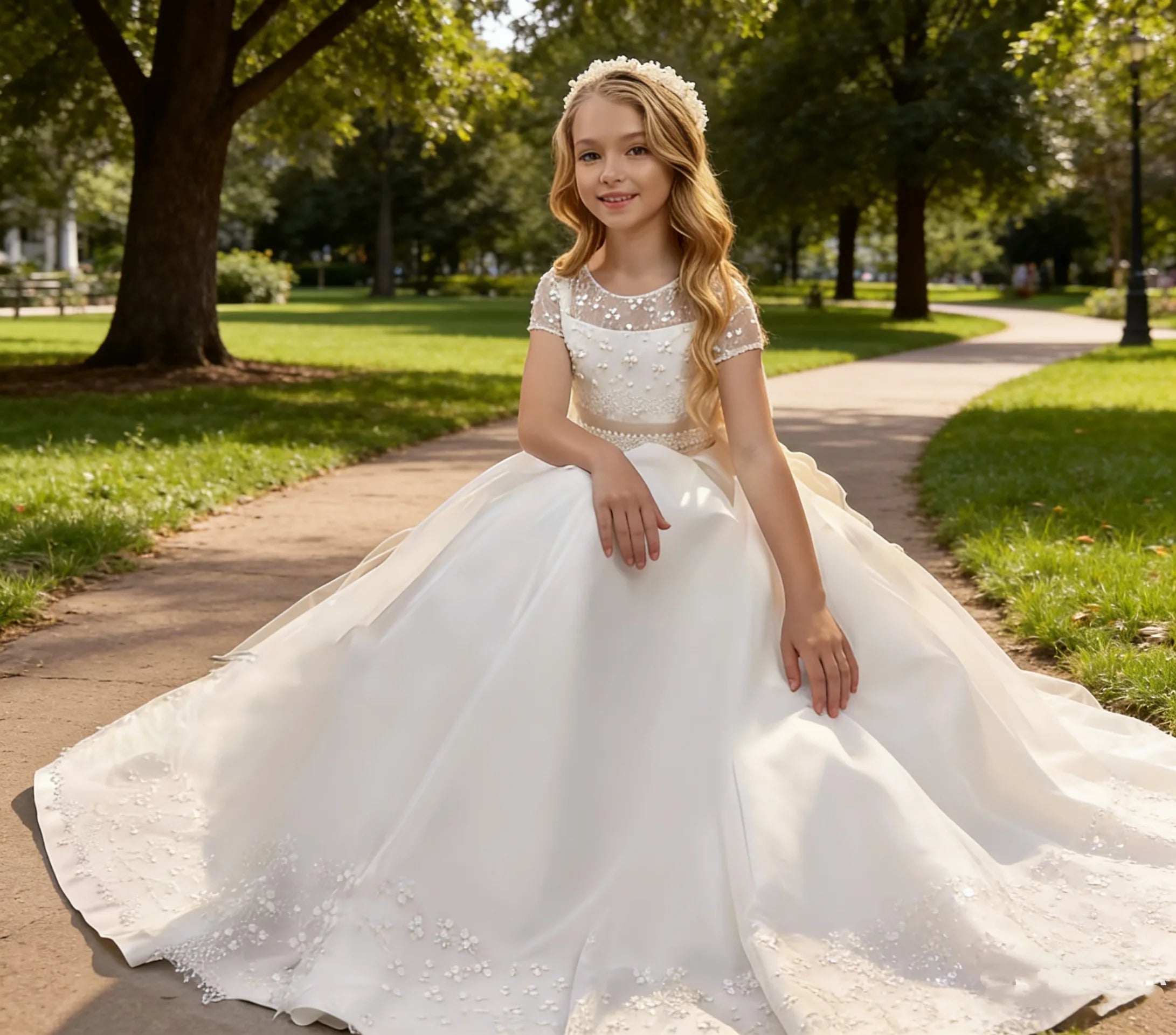 Custom satin flower girl dress Elegant wedding bridesmaid half-sleeve lace bow First Communion prom party children's dress