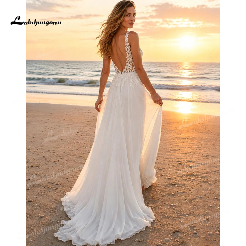 Elegant Deep V Lace Boho Wedding Dress Chiffon A Line Bridal Gowns High Split Low BackWedding Gowns vestido de novia Customized