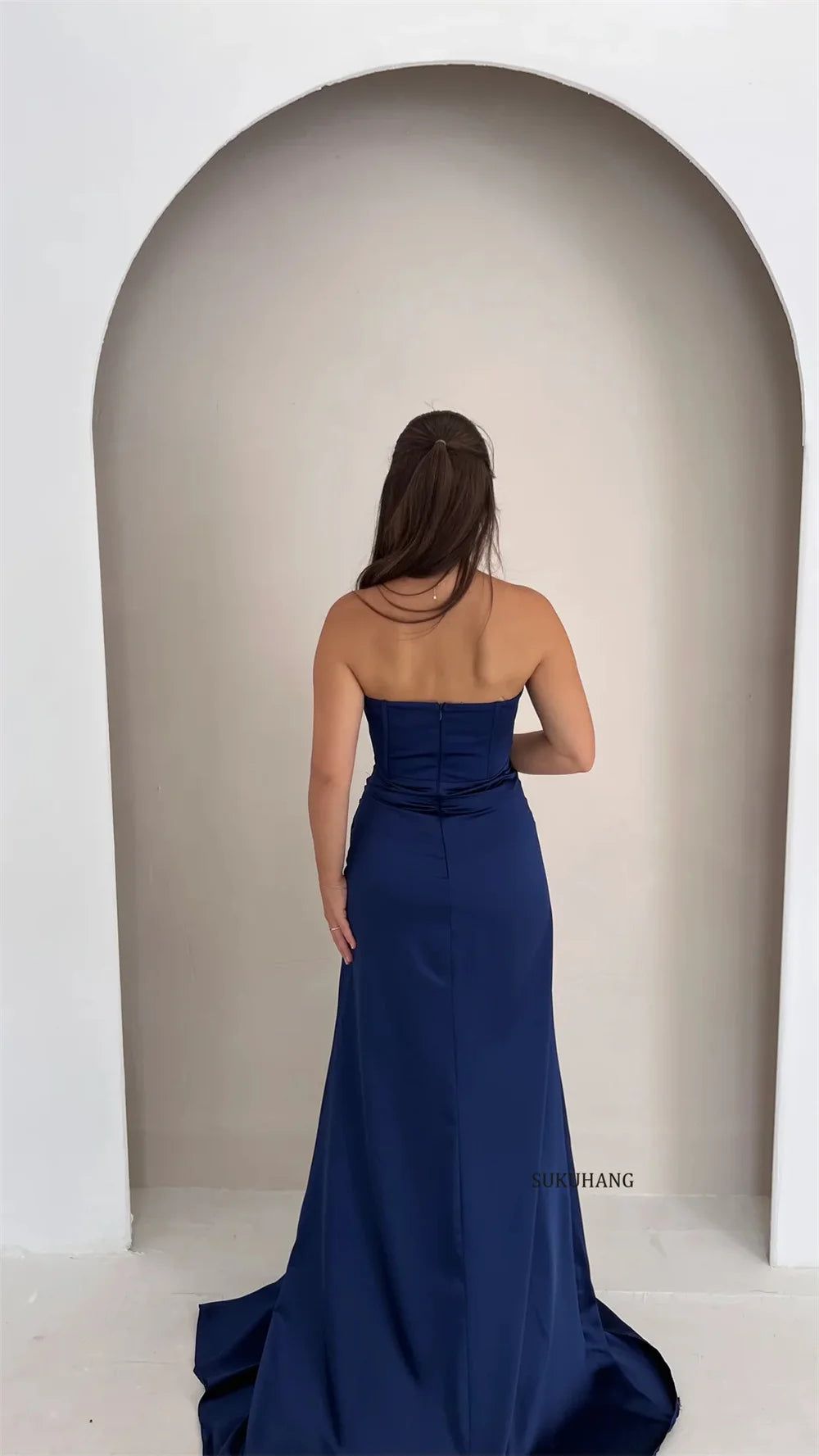 Customized Blue Evening Dress Satin Strapless Prom Dress Formal Party Gown with Beaded Sexy Split Formal Women Dress