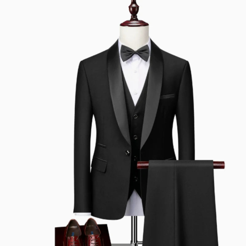 US Size Men Lapel Black Collar 3 Pcs Suit Set Coat Vest Trousers / Business Groom Wedding Dress Fprmal Blazer Pants Waistcoat