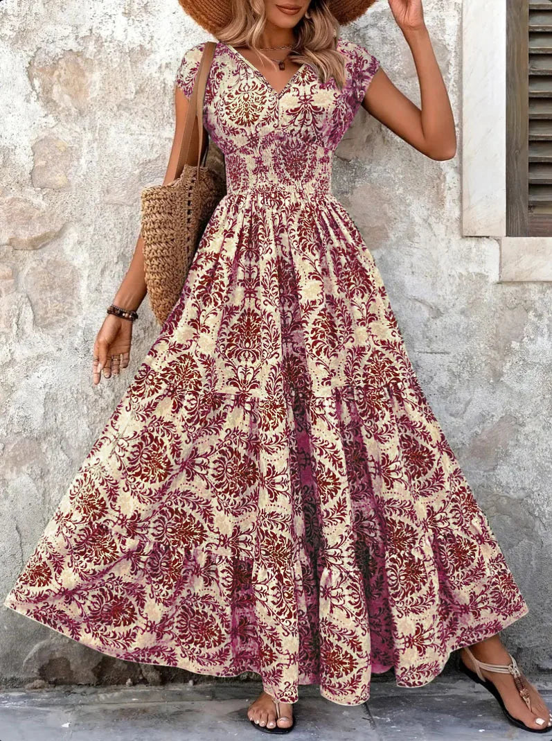 Vestido Longo Feminino Vintage Floral com Decote V - Manga Curta Retrô Elegante 2026
