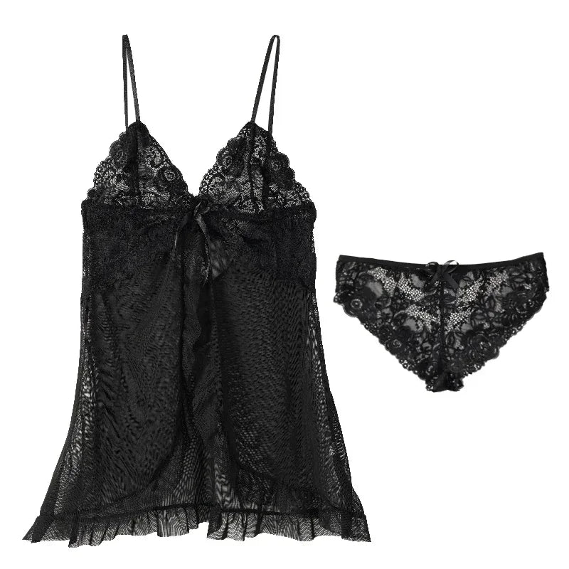 Women's Lace Nightgown Set Sheer Sexy Sleepwear V-Neck Front-Split Pajamas Loungewear with Panty 2-Piece for Women