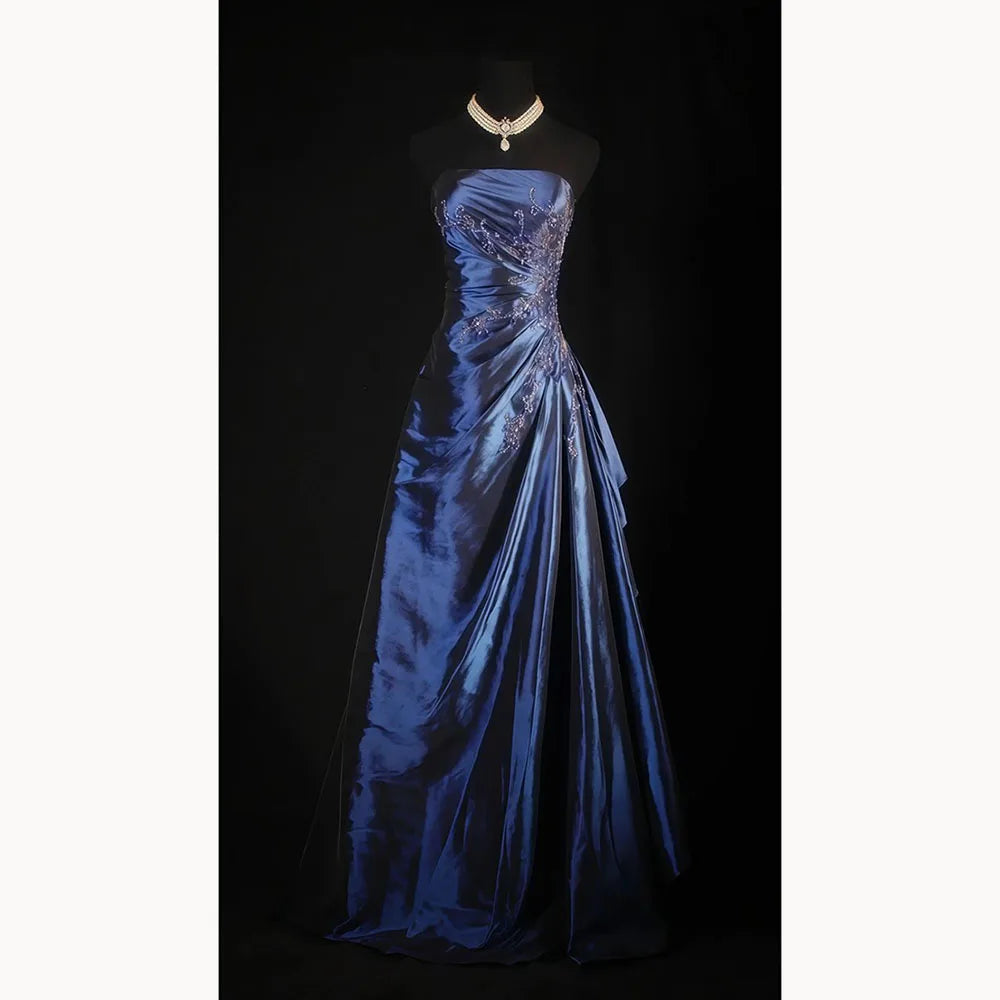 Blue Women Dresses Flower Taffeta Sleeveless Formal Classcial Valentine's Dresses Elegant Birthday And Evening Party Gowns
