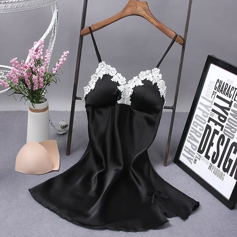 Camisola Feminina de Seda com Decote V - Lingerie Sexy Sleepwear Verão