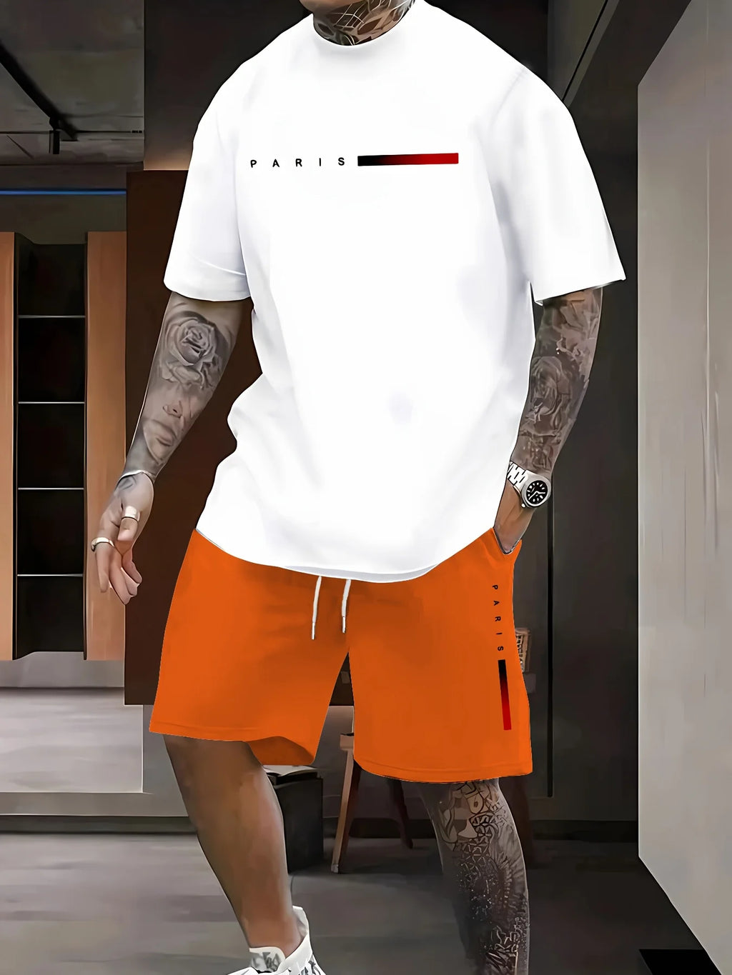 Summer Gradient Color Athletic T-Shirt and Shorts Set Stylish Men's Quick-Dry Athletic Short-Sleeve Top with Drawstring Shorts