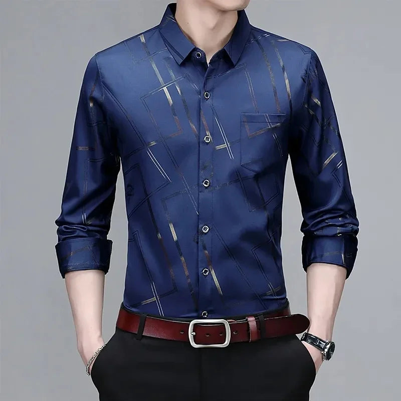 Camisa Masculina Manga Longa Estampada - Sem Amassado Business Casual