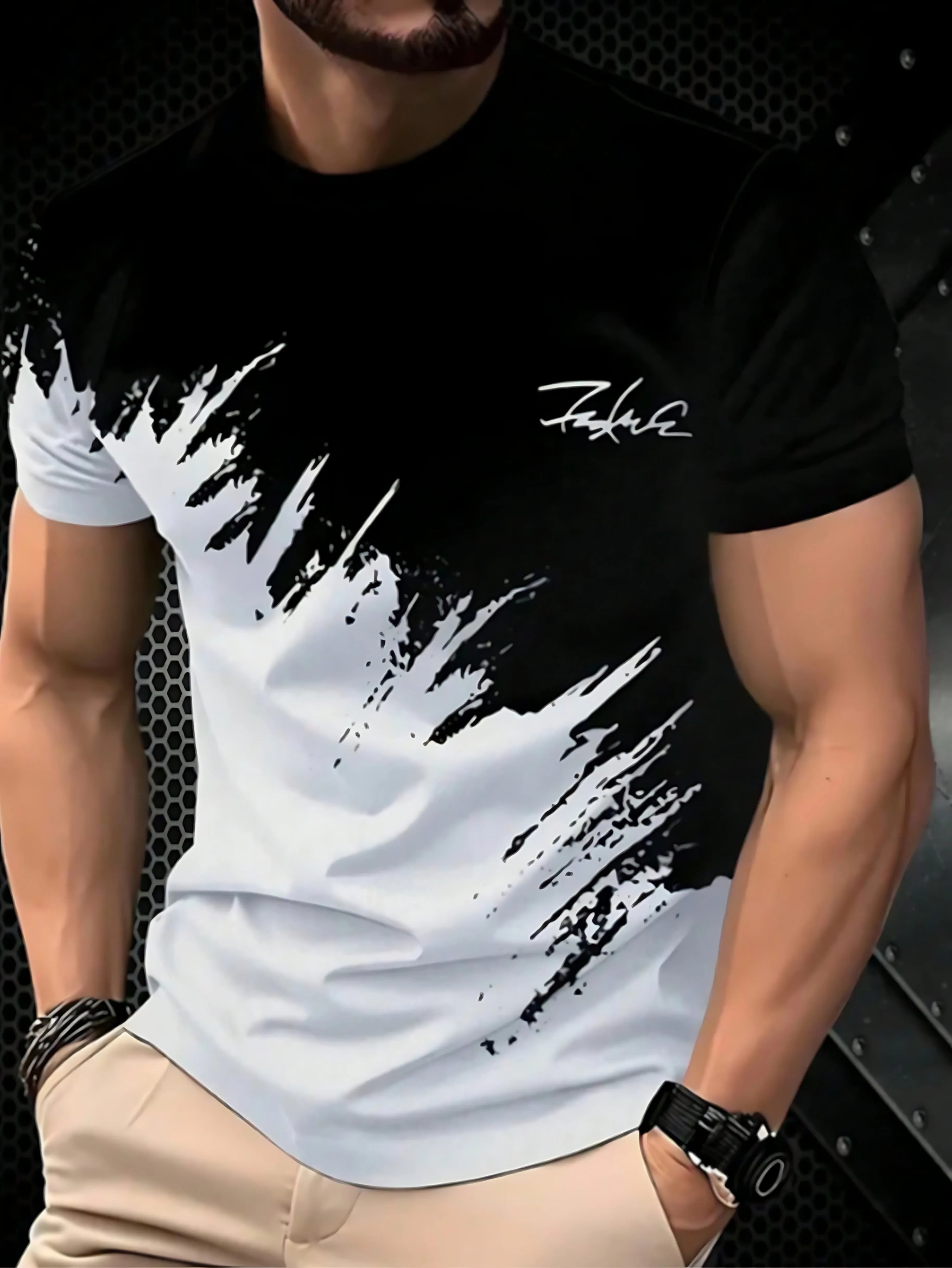 Camiseta Masculina com Estampa Gradiente 3D - Casual Macia Respirável Verão 2025