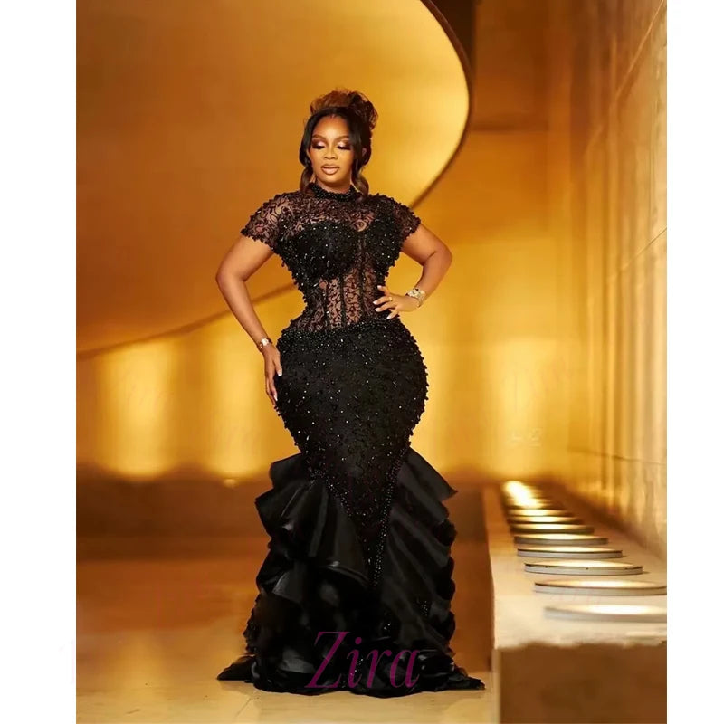 Black Beading Mermaid Evening Dresses Pearl Sequin Tiered Elegant Black Girl Wedding Birthday Party Prom Gown Vestido Customized