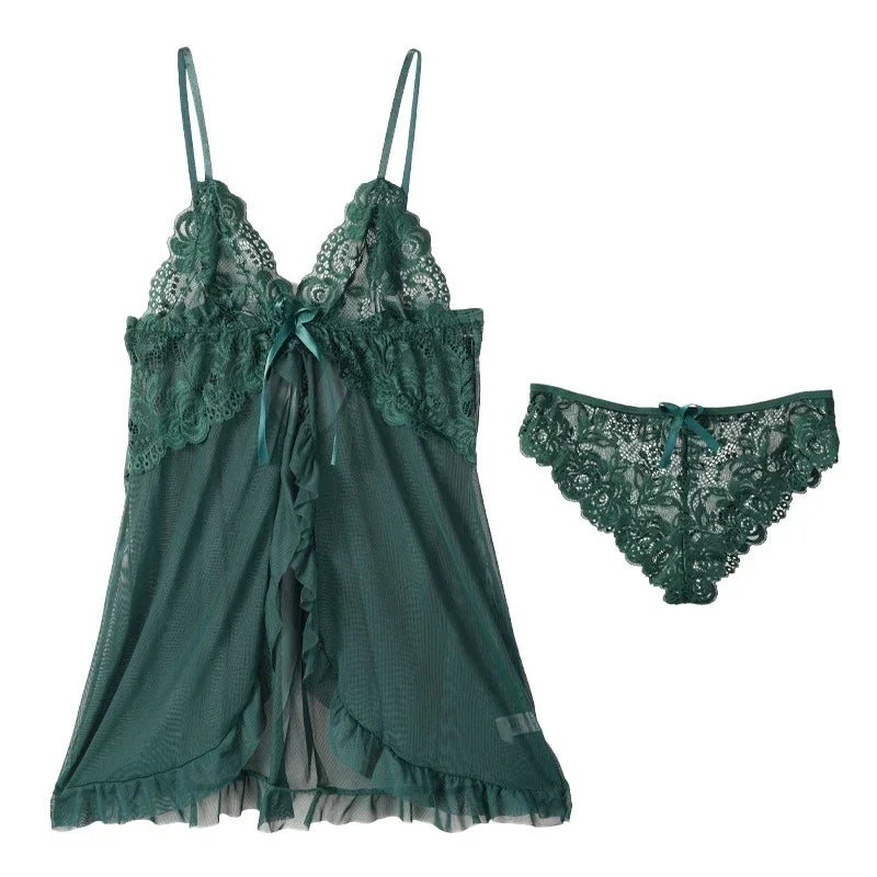 Women's Lace Nightgown Set Sheer Sexy Sleepwear V-Neck Front-Split Pajamas Loungewear with Panty 2-Piece for Women
