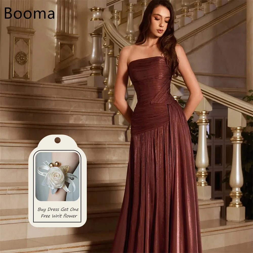 Booma Mermaid Strapless Pleat Shiny Brown Evening Dresses Formal Party Gowns for Women Sleeveles Elegant Prom Gown Customize