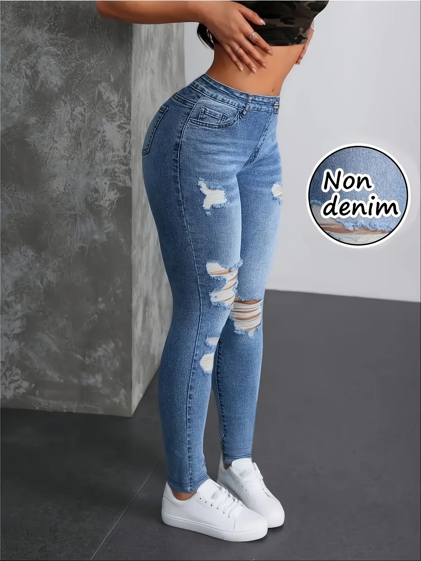 Calça Legging Feminina Estampada Imitando Jeans - Alta Elasticidade Sem Costura Esportiva