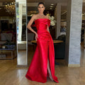 Bafftafe Mermaid Red Satin Evening Gowns Customized One Shoulder Pleated Slit Side Women Prom Dresses Formal Party Special Gowns
