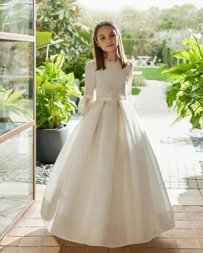 Customized Ivory Flower Girl Dresses For Wedding Lace Tulle With Bow Elegant Child Holy First Communion Formal Events Prom Gown