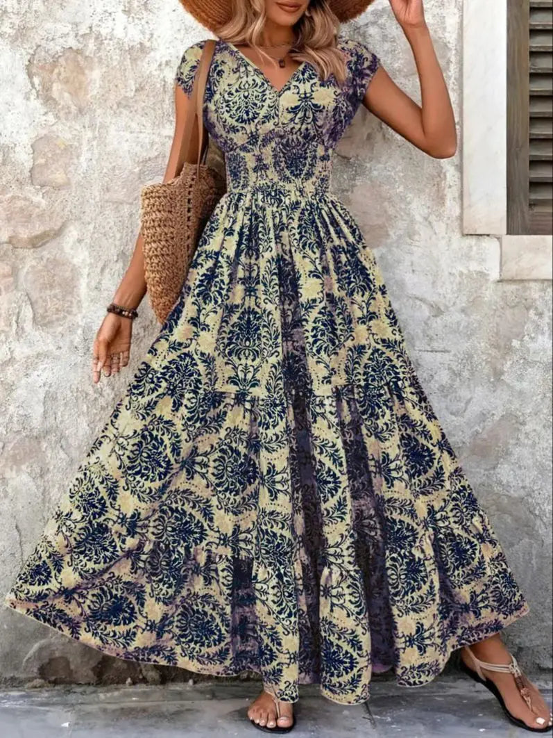 Vestido Longo Feminino Vintage Floral com Decote V - Manga Curta Retrô Elegante 2026