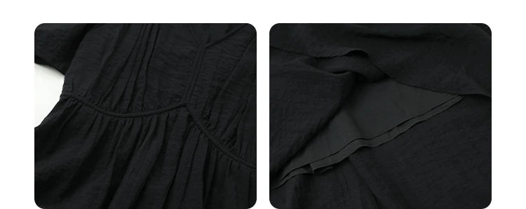 Vestido Longo Feminino Estilo Francês Vintage - Decote V Manga Bufante Preto Solto