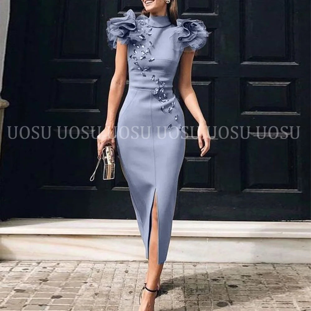 Mermaid Prom Dresses With High Neck Beads Ruffles Front Split Satin Women Formal Evening Dress Tea Length Mother Party Gowns