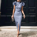 Mermaid Prom Dresses With High Neck Beads Ruffles Front Split Satin Women Formal Evening Dress Tea Length Mother Party Gowns