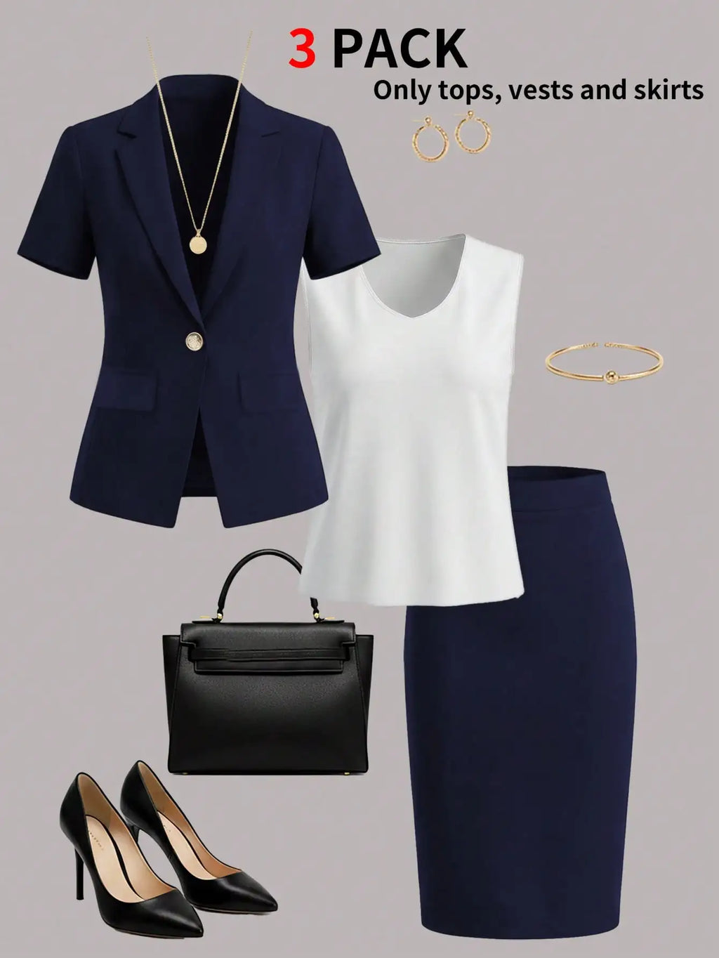 Women's elegant business-style short-sleeve blazer set for spring and summer, paired with a solid-color camisole and a knee-length skirt. Ideal for job interviews, business office wear, and fashionable commuting.