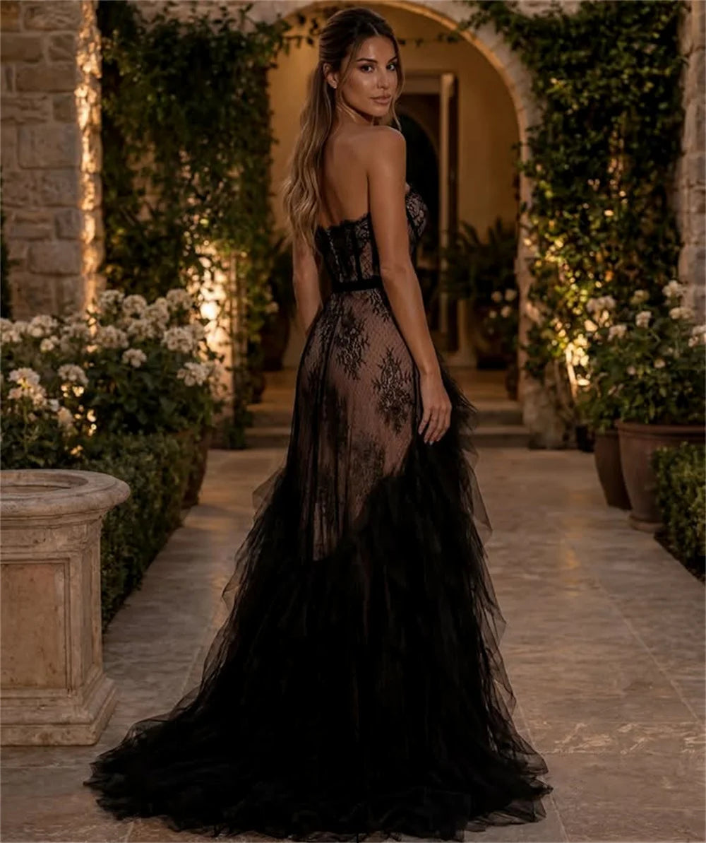 ISI Vintage Black Mermaid Evening Gown Dress Lace Strapless Side High Slit Pleat Formal Occasion Prom Dress Customized