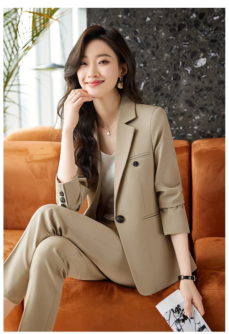 Blue/Coffe/khaki casual business women' suit spring and autumn high-end workplace temperament double-breasted suit trousers suit