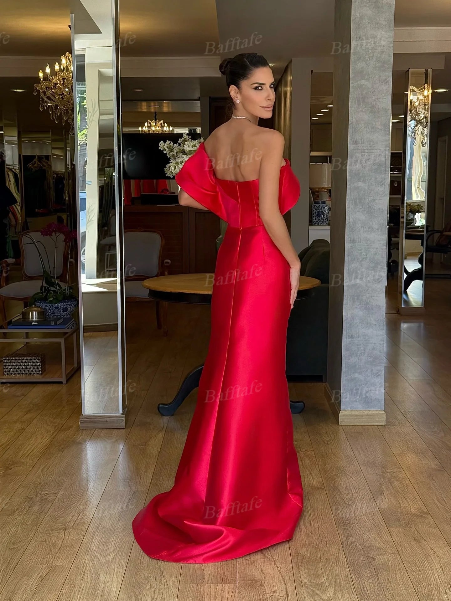 Bafftafe Mermaid Red Satin Evening Gowns Customized One Shoulder Pleated Slit Side Women Prom Dresses Formal Party Special Gowns
